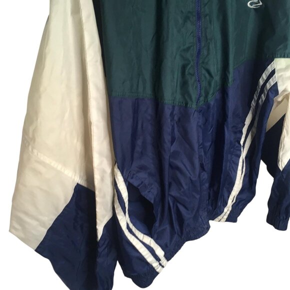 Bike Athletic Jacket Mens Large Green Navy Colorblock Windbreaker Stowaway Hood - Picture 15 of 15